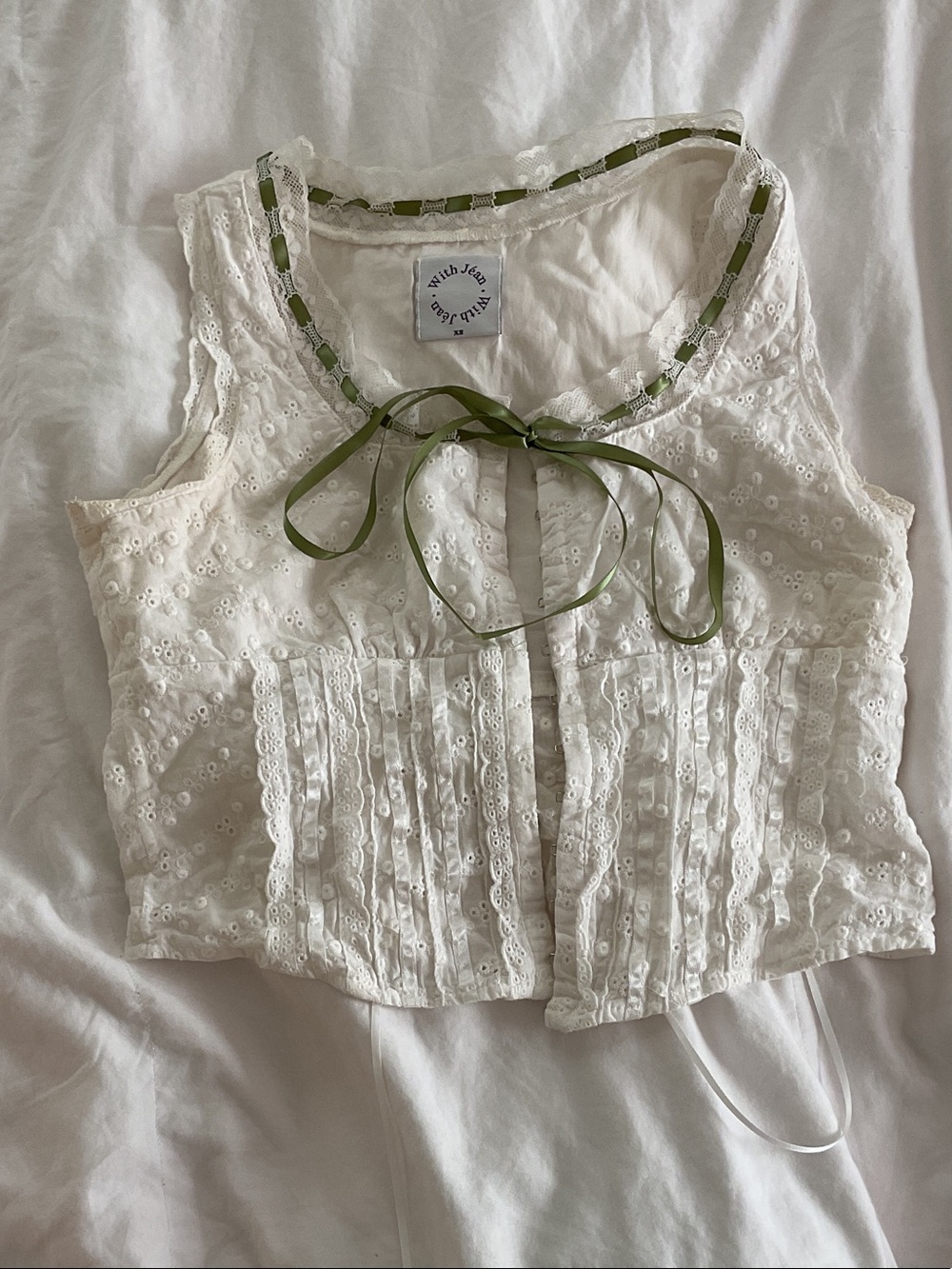 With Jean White Eyelet Lace Camisole with Olive Ribbon